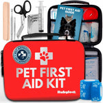 Red pet first aid kit case with paw icon, pet guide booklet, and medical tools