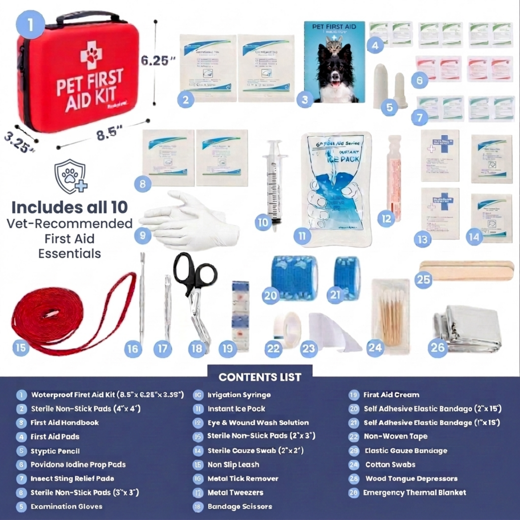 Pet first aid kit contents layout with numbered medical supplies and tools