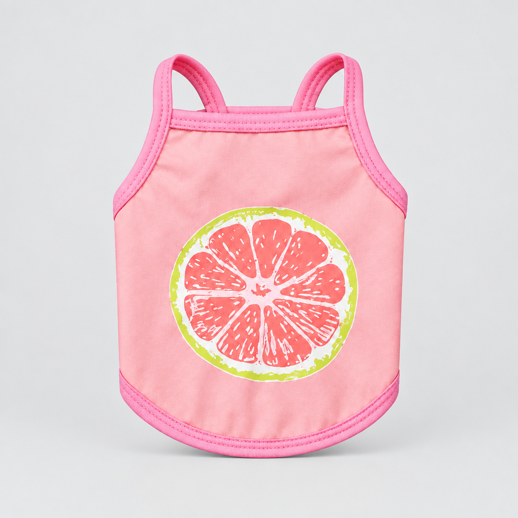Pink pet tank top with round grapefruit graphic on the front