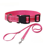 Pink dog collar with matching leash, black buckle, metal D-ring
