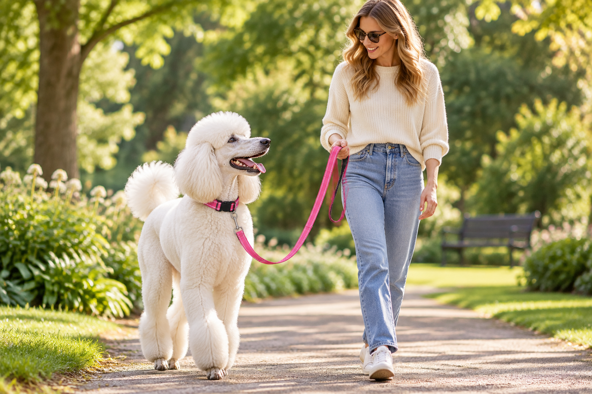 Pink dog collar and leash on a white dog walking on a path outdoors