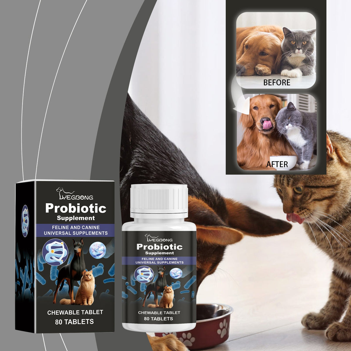 Probiotic supplement tablets box and bottle with dog and cat, before-after inset