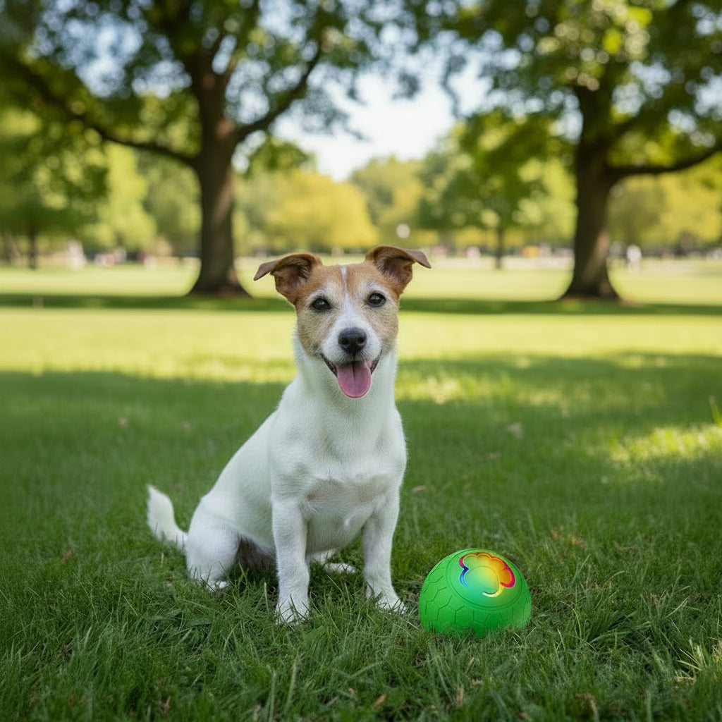 Green smart bouncing ball toy next to a sitting dog outdoors