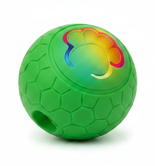 Rechargeable smart bouncing ball, green with multicolor paw graphic and hex texture
