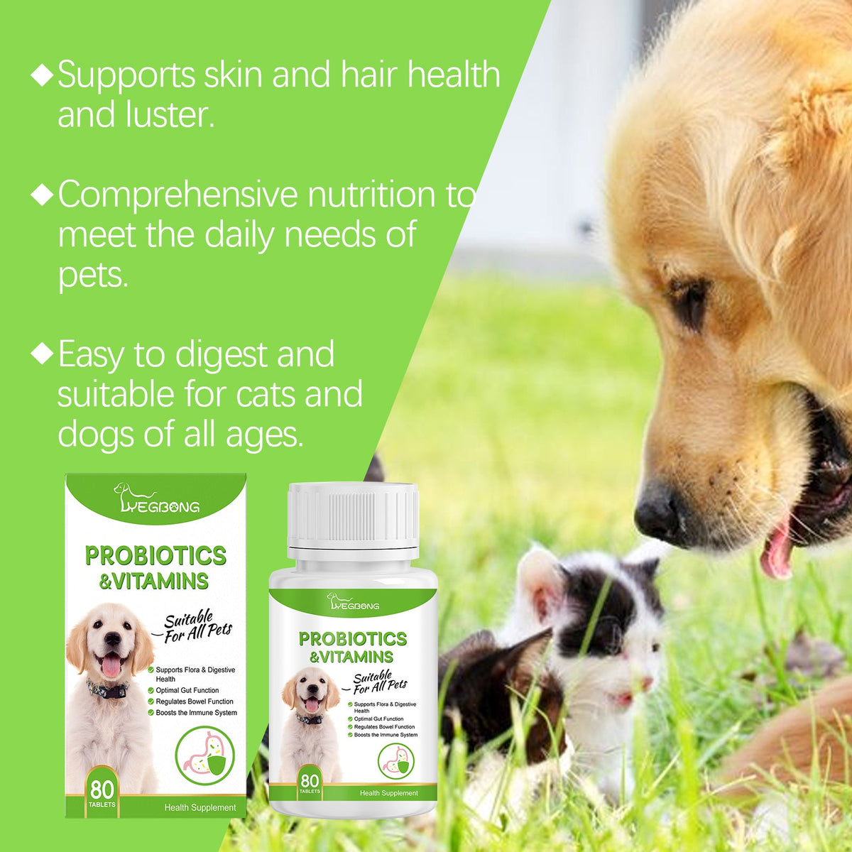 Probiotics & Vitamins supplement bottle and box, 80 tablets for cats and dogs