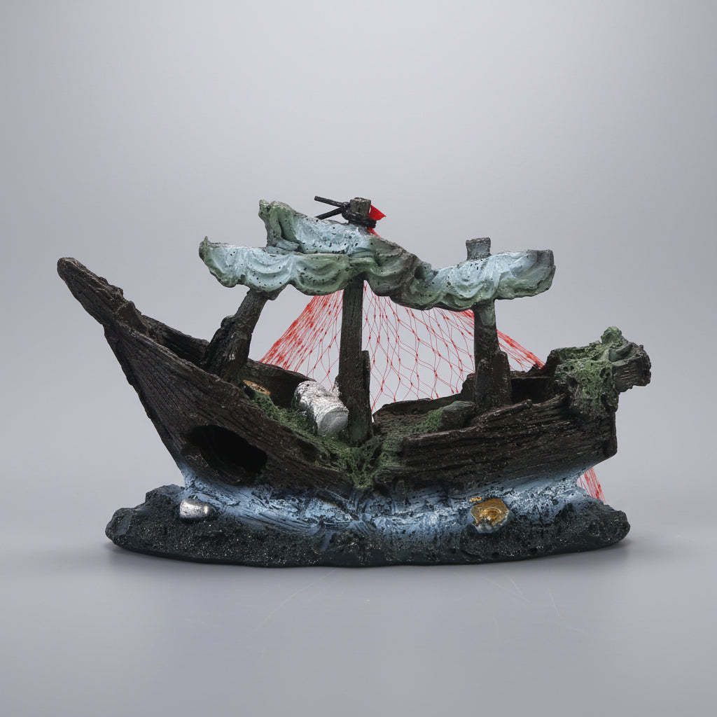 Black resin boat ornament with white net and gray rock base