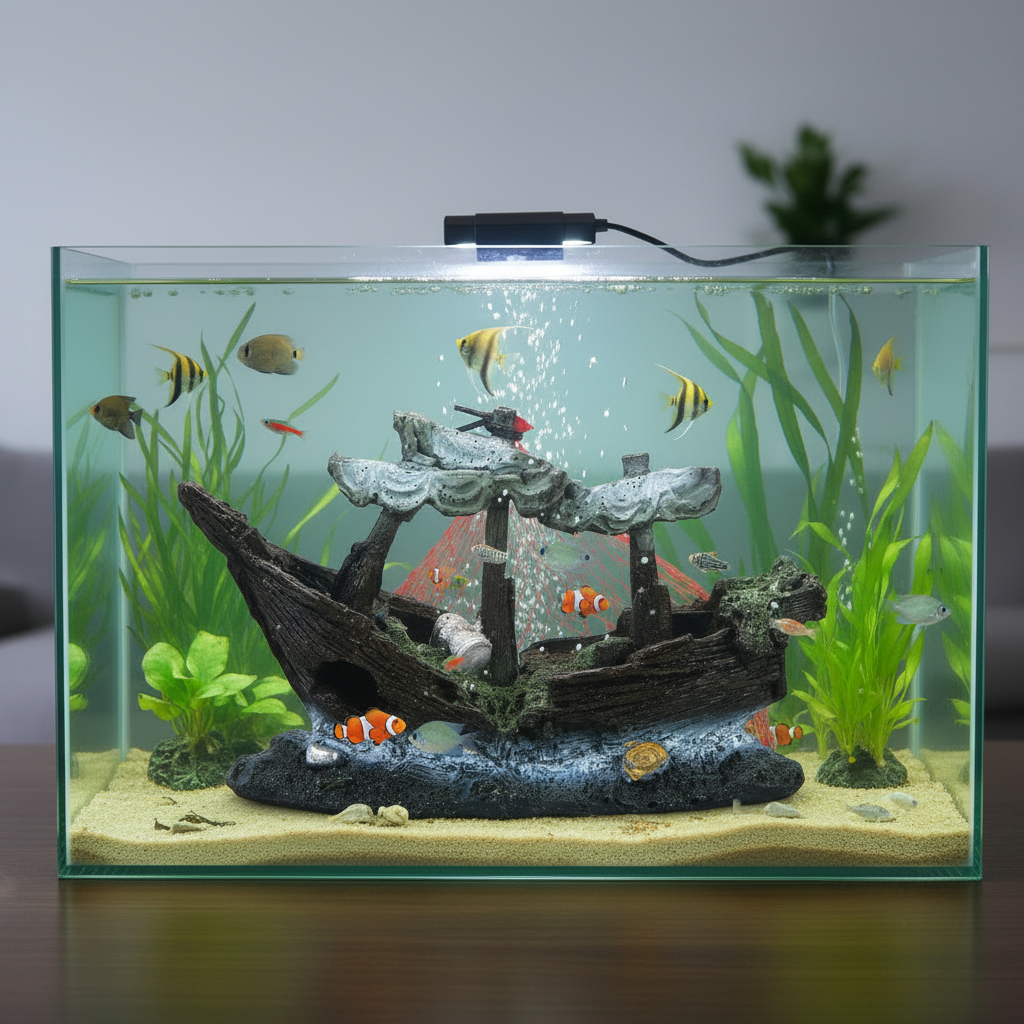 Aquarium landscape resin ornament: black boat with net and green plant shapes