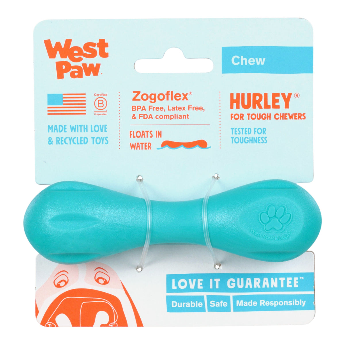 Teal Hurley chew toy on card, bone shape with paw emblem; West Paw branding shown