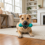 Teal rubber fetch and chew dog toy held in a dog’s mouth
