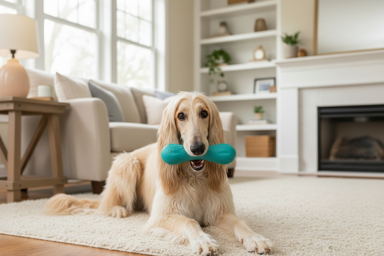 Teal fetch and chew dog toy resting across a dog’s muzzle