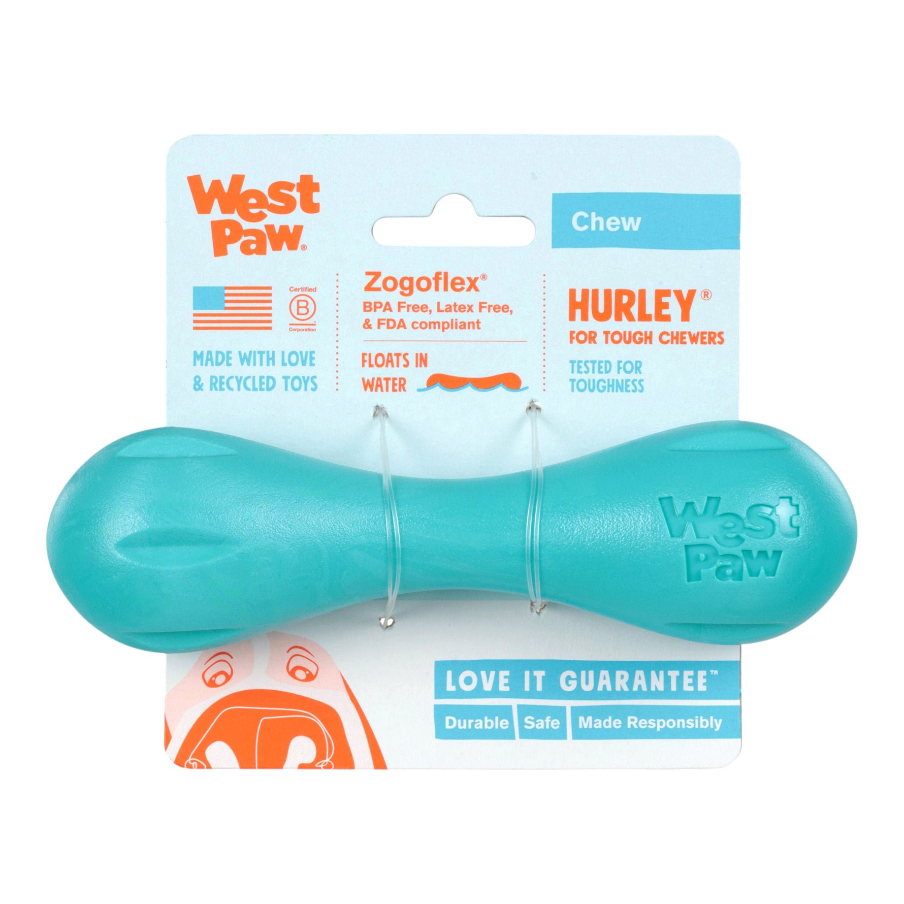 Hurley Teal teal chew toy on package card, bone shape with paw emblem and West Paw text