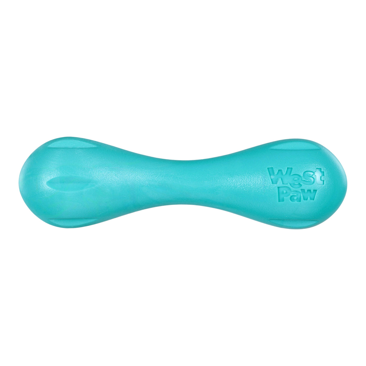 Hurley Teal chew toy in teal, bone shape with West Paw logo emboss on end