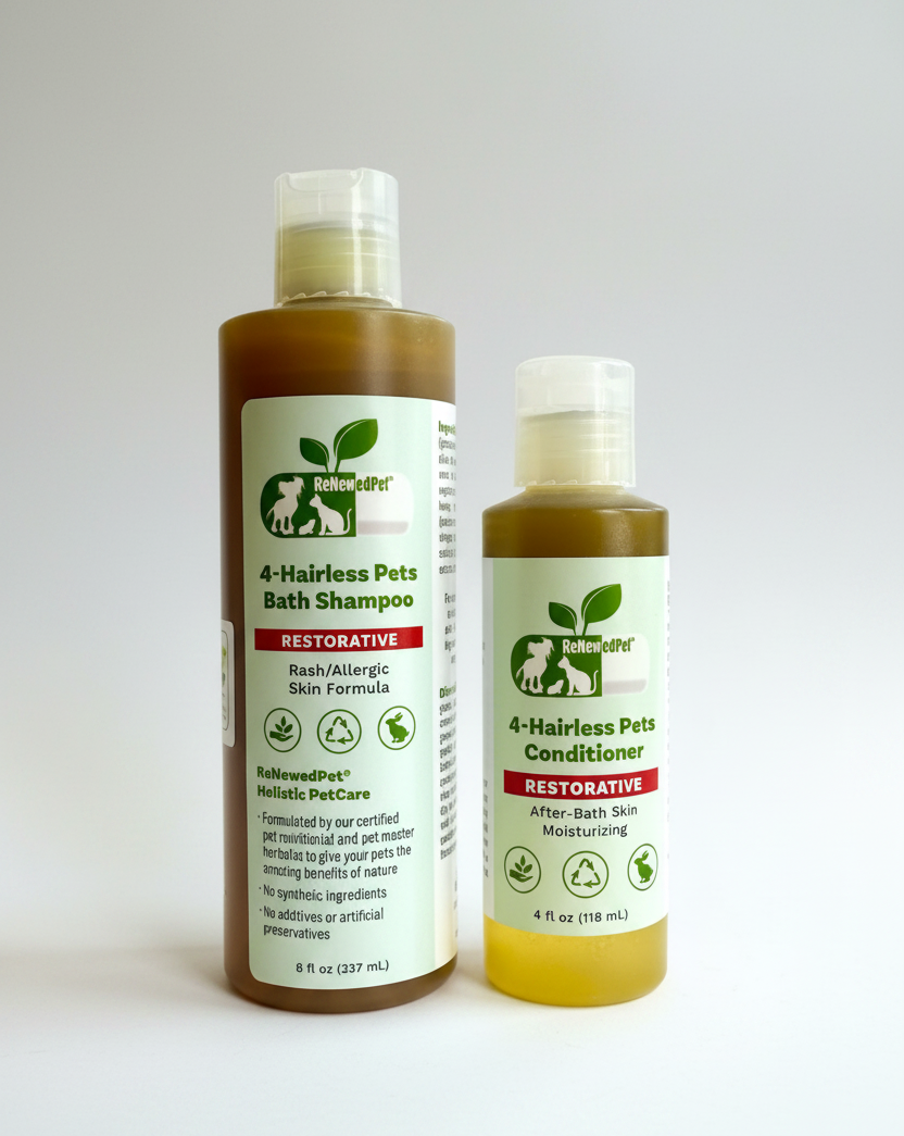 Pet bath shampoo and conditioner bottles, dark amber and yellow, upright on white surface.