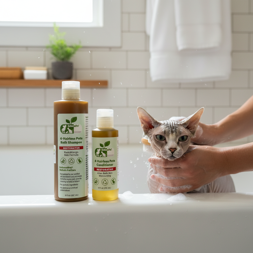Pet shampoo and conditioner bottles next to lathered pet in a bathtub, brown and gold.