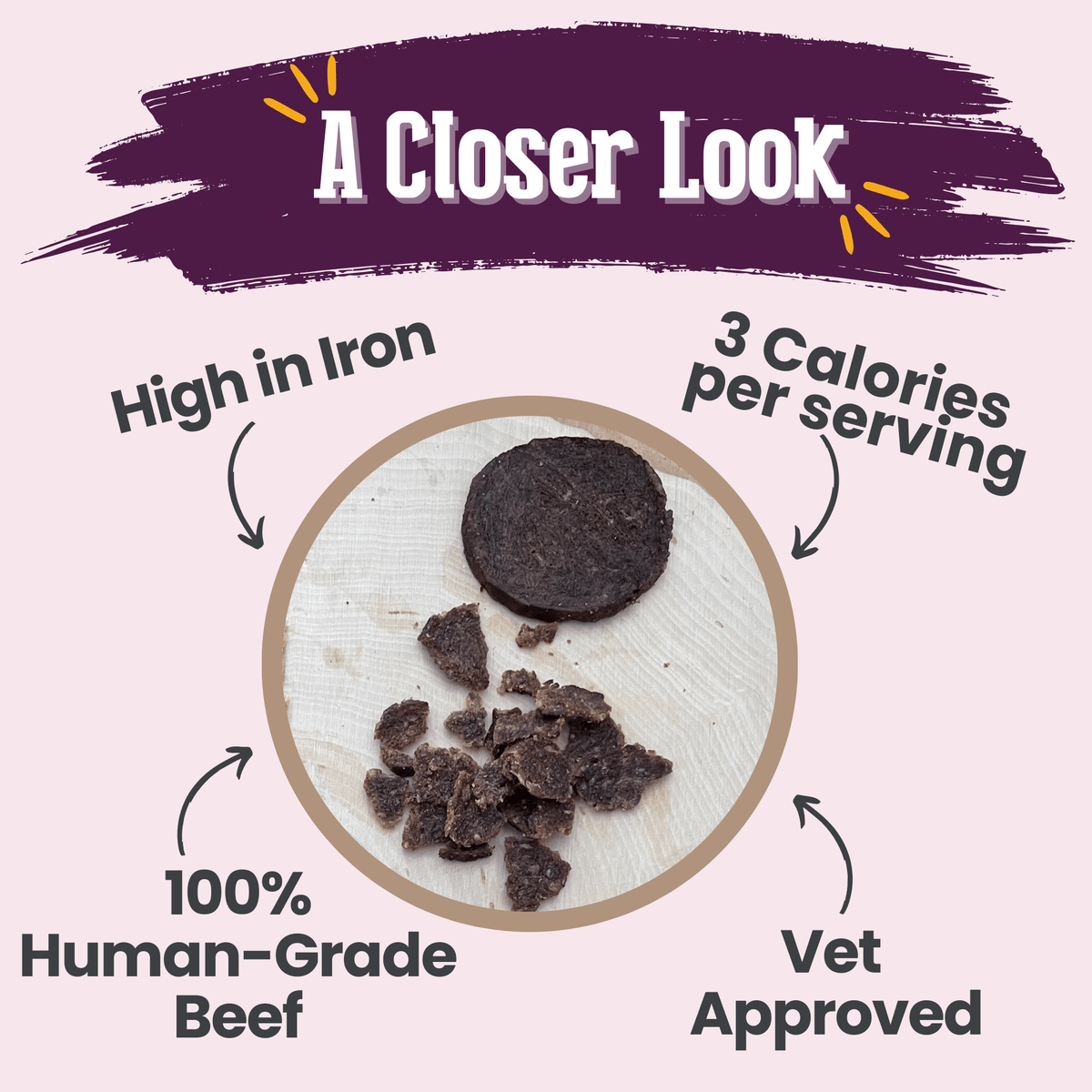 Close-up of dark beef crumbles on a cloth, “3 calories per serving” callout