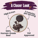 Close-up of dark beef crumbles on a cloth, “3 calories per serving” callout