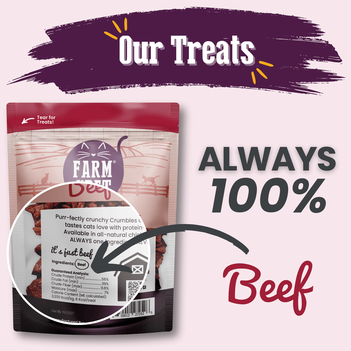 Beef Crumbles cat treats pouch with “100% Beef” label and “Our Treats” banner