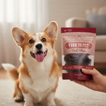 Dog treat pouch held near a smiling dog, with Farm to Pet Beef Chips label