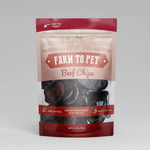 Beef dog treat pouch with red label and Farm to Pet text, single-ingredient chips
