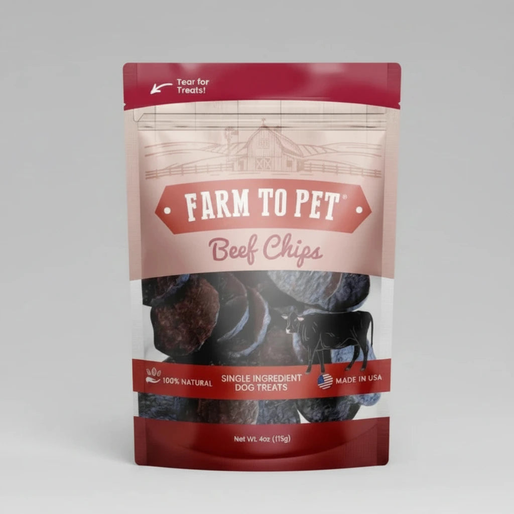 Beef dog treat pouch with red label and Farm to Pet text, single-ingredient chips