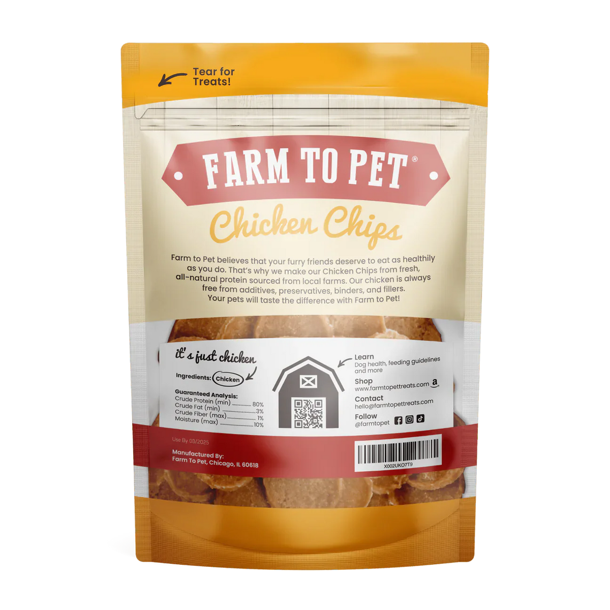 Back of chicken treat pouch with ingredients and barcode, Farm to Pet brand