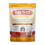 Back of chicken treat pouch with ingredients and barcode, Farm to Pet brand