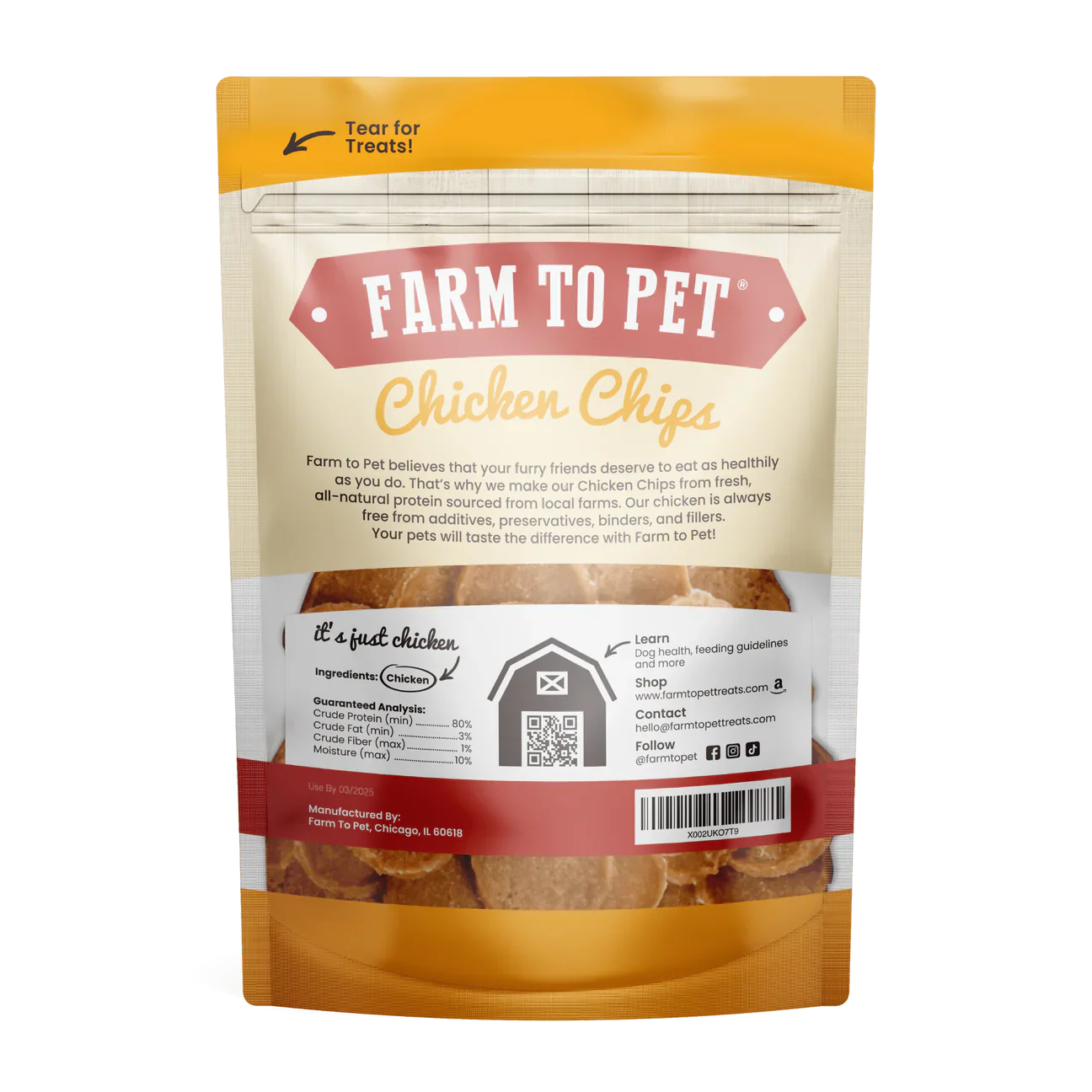 Back of chicken treat pouch with ingredients and barcode, Farm to Pet brand