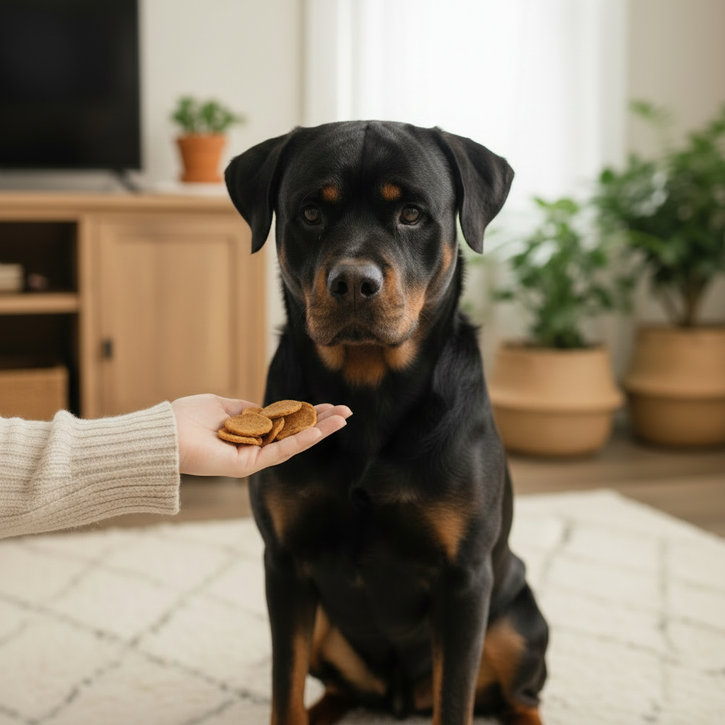 Rottweiler mix dog reaching for hand-held chicken treat chips