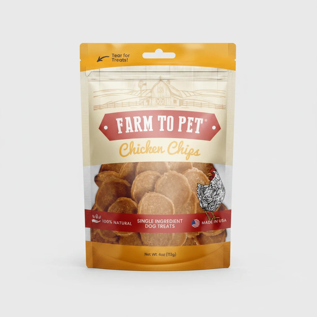 Natural chicken treat chips in resealable pouch, Farm to Pet brand