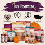 Farm to Pet cat treat bags and tubs lineup with a “Our Promise” header