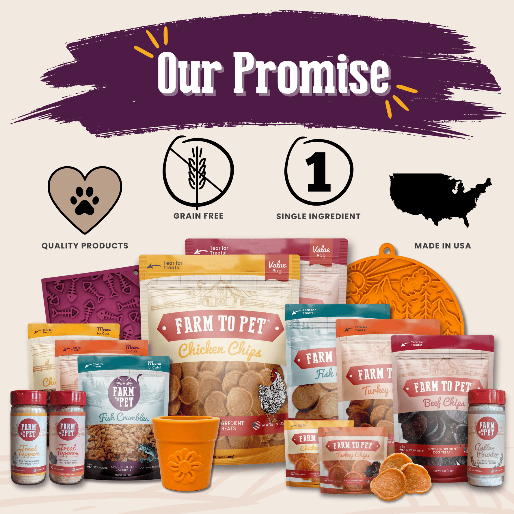 Farm to Pet cat treat bags and tubs lineup with a “Our Promise” header