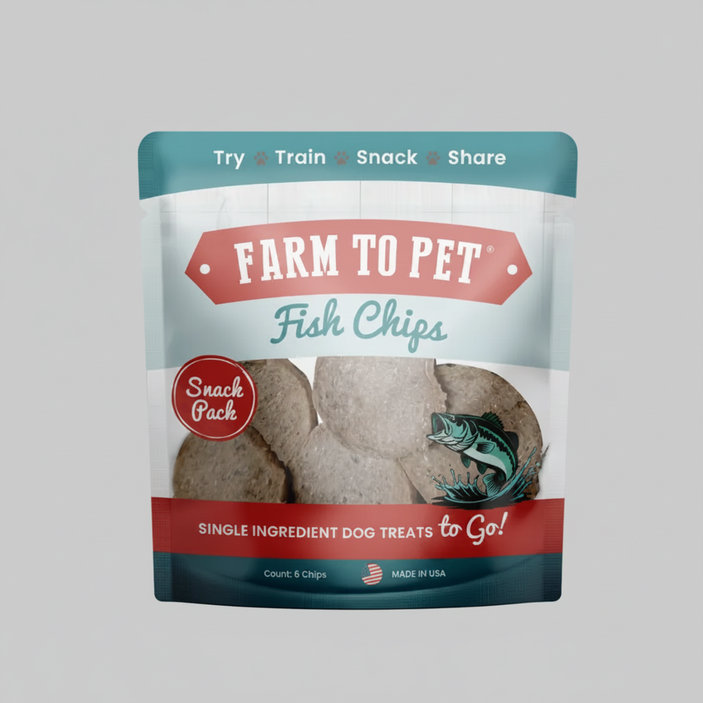 Dog treat pouch with fish chips, single-ingredient snack pack packaging