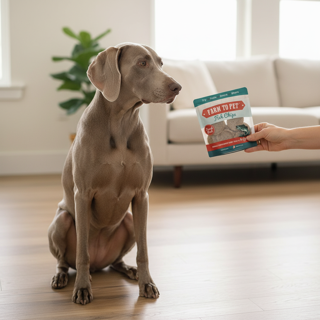 Grey dog holding fish chips dog treat pouch
