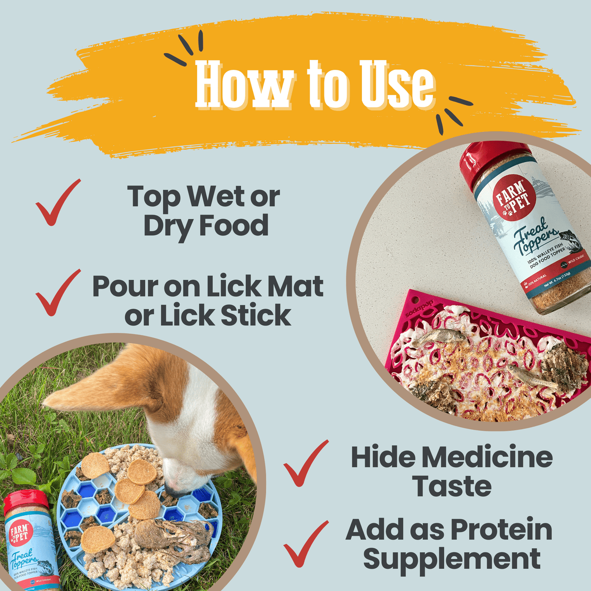 Fish treat topper jar with red lid shown with use instructions for wet or dry food.