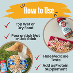 Fish treat topper jar with red lid shown with use instructions for wet or dry food.