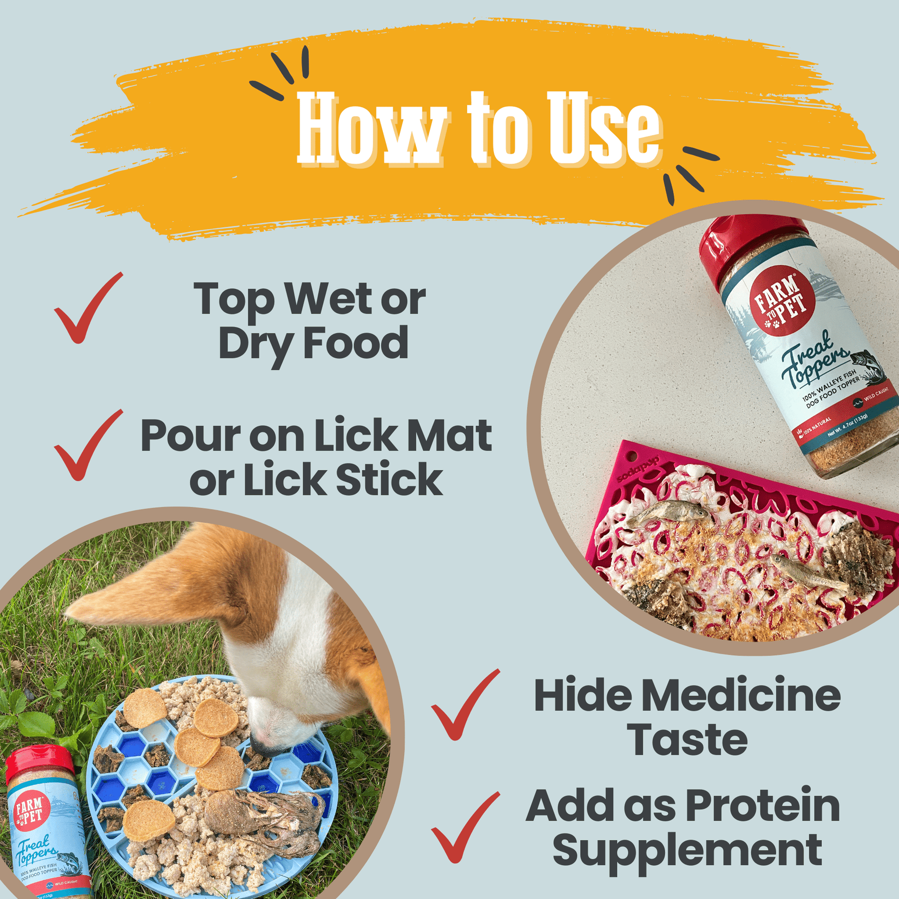 Fish treat topper jar with red lid shown with use instructions for wet or dry food.