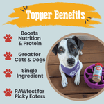 Fish treat topper jar with red lid beside infographic listing benefits for dogs and cats.