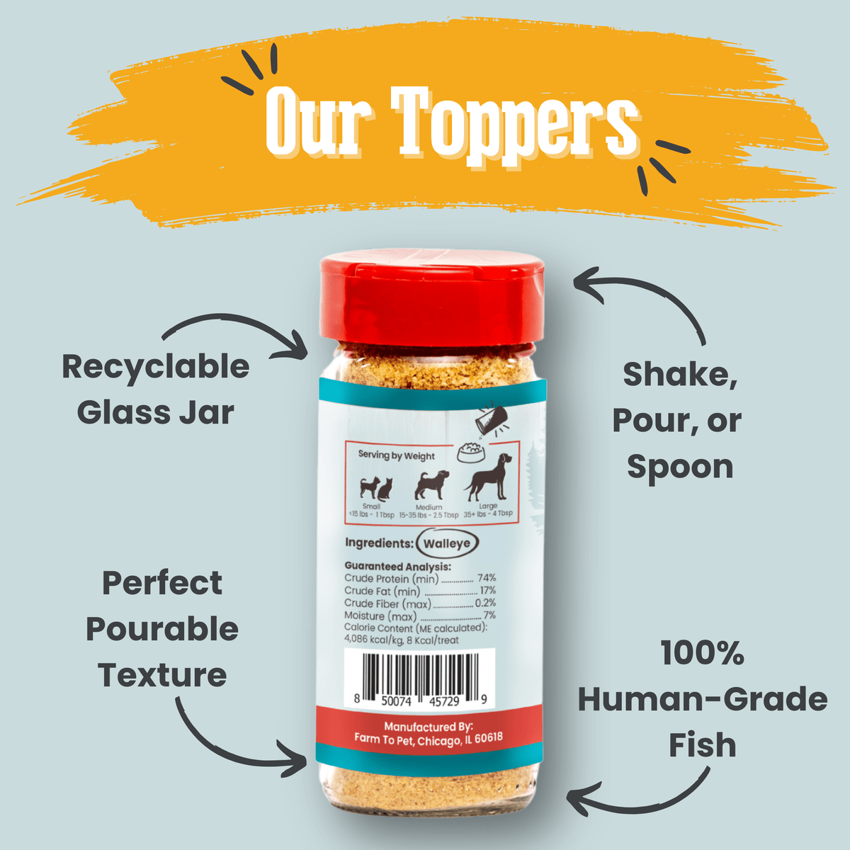 Fish treat topper jar with red lid on infographic with recyclable glass and serving tips.