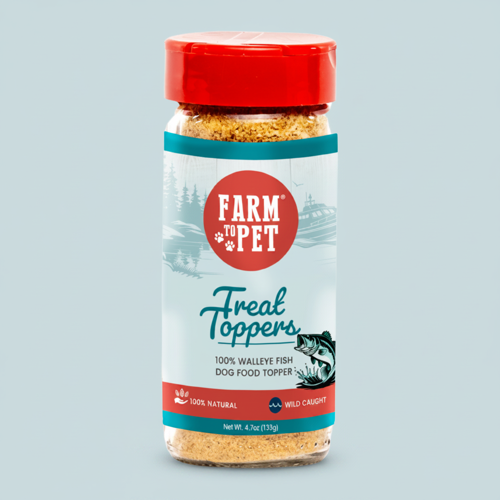 Fish treat topper in clear glass jar with red cap, crumbly golden topping inside.