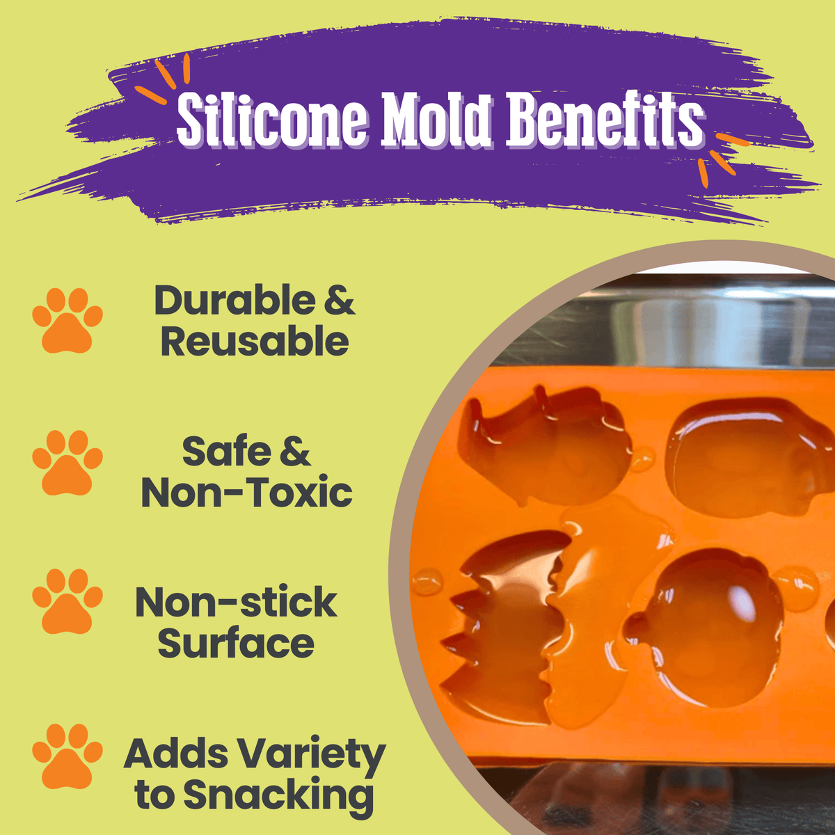 Silicone pet treat mold with paw-shaped treats, orange