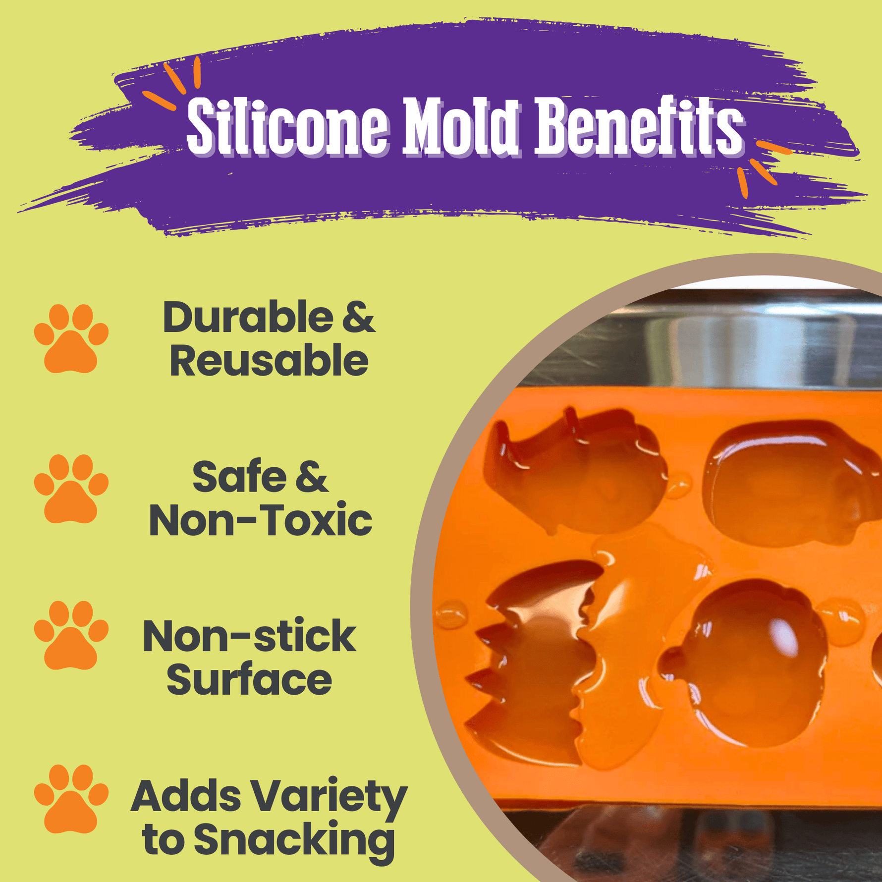 Silicone pet treat mold with paw-shaped treats, orange