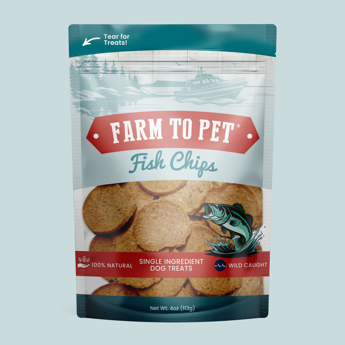Fish chips dog treat pouch with round beige treats shown through the window