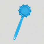 Blue flower-shaped dog lick toy with long handle.