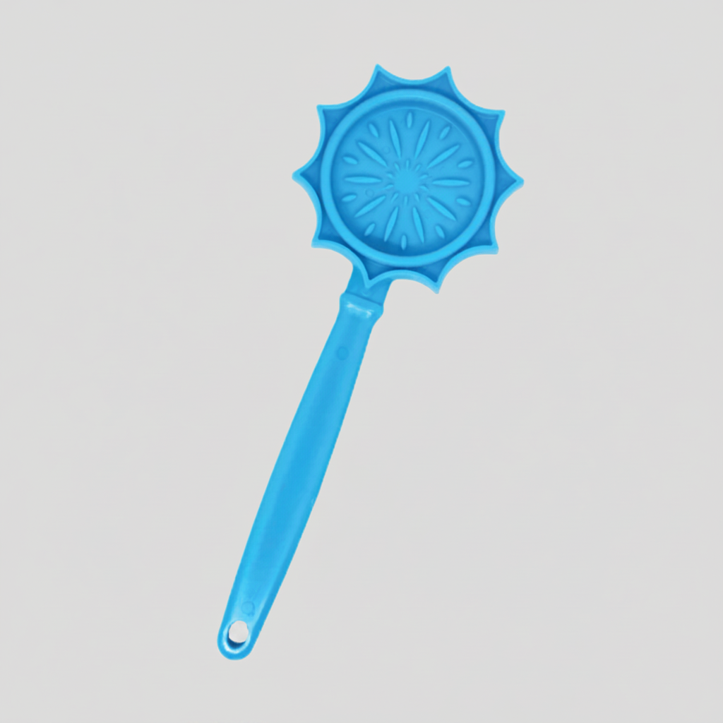 Blue flower-shaped dog lick toy with long handle.