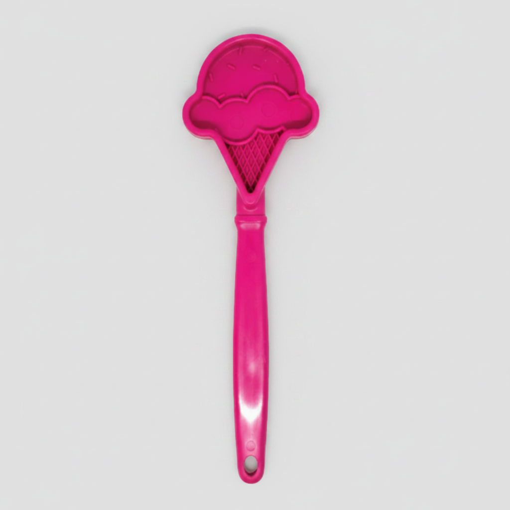 Pink ice cream-shaped dog lick toy with long handle.