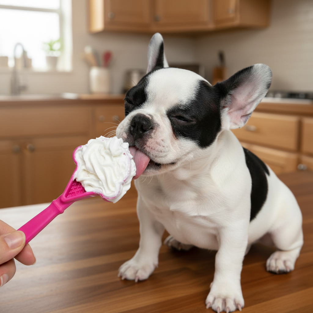 Pink ice cream-shaped dog lick toy held near a small dog’s mouth.