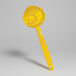 Yellow beehive-shaped dog lick toy with long handle.