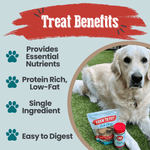 Fish chips dog treats pouch beside a white dog on grass; small round treats