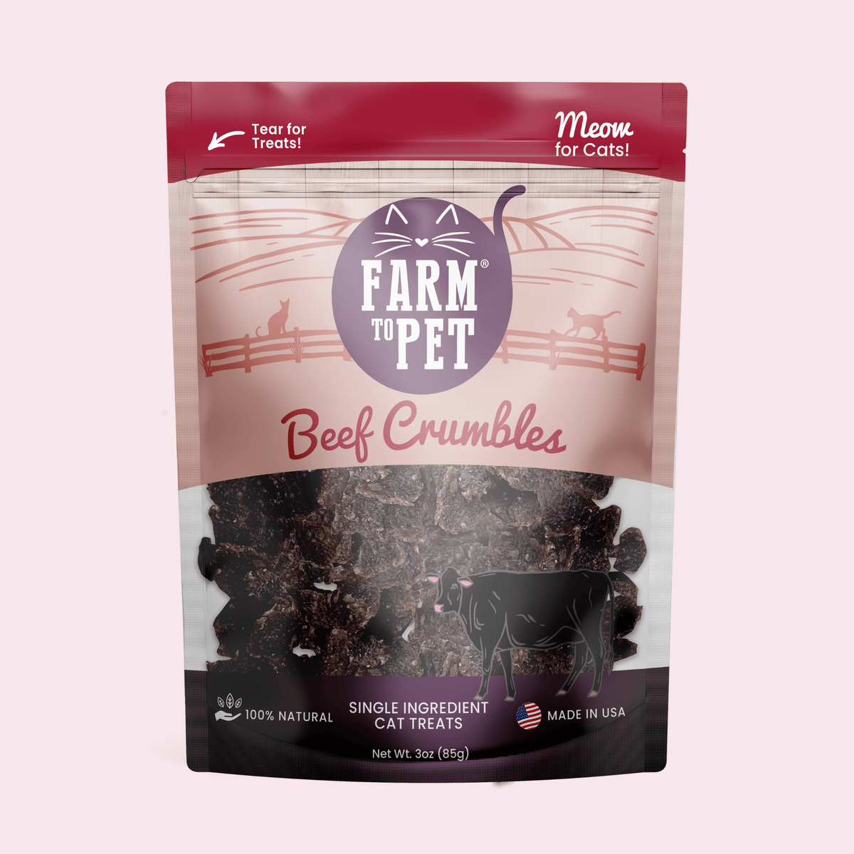 Beef Crumbles cat treats pouch, Farm to Pet, single-ingredient 100% natural beef