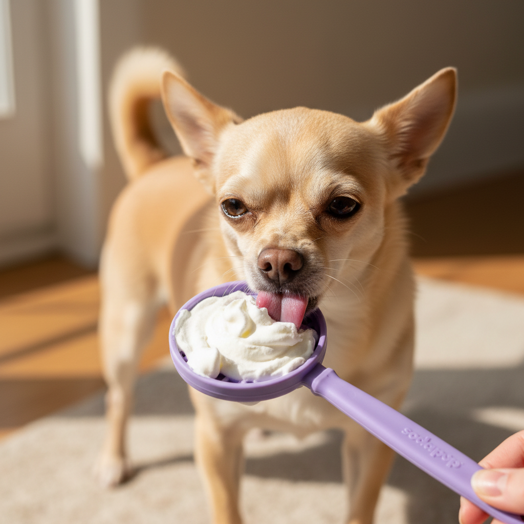 Purple waffle-grid dog lick toy with creamy treat being licked by tan dog.